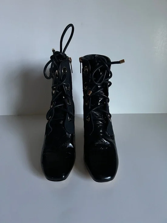 Dior Black Lace-Up Ankle Boots with Gold Ribbed Block Heel - Picture 5 of 6